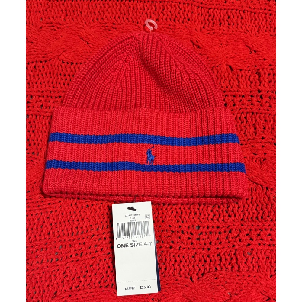 Polo Ralph Lauren Kids Red Blue Striped Ribbed Knit Beanie Hat One Size 4-7 NEW